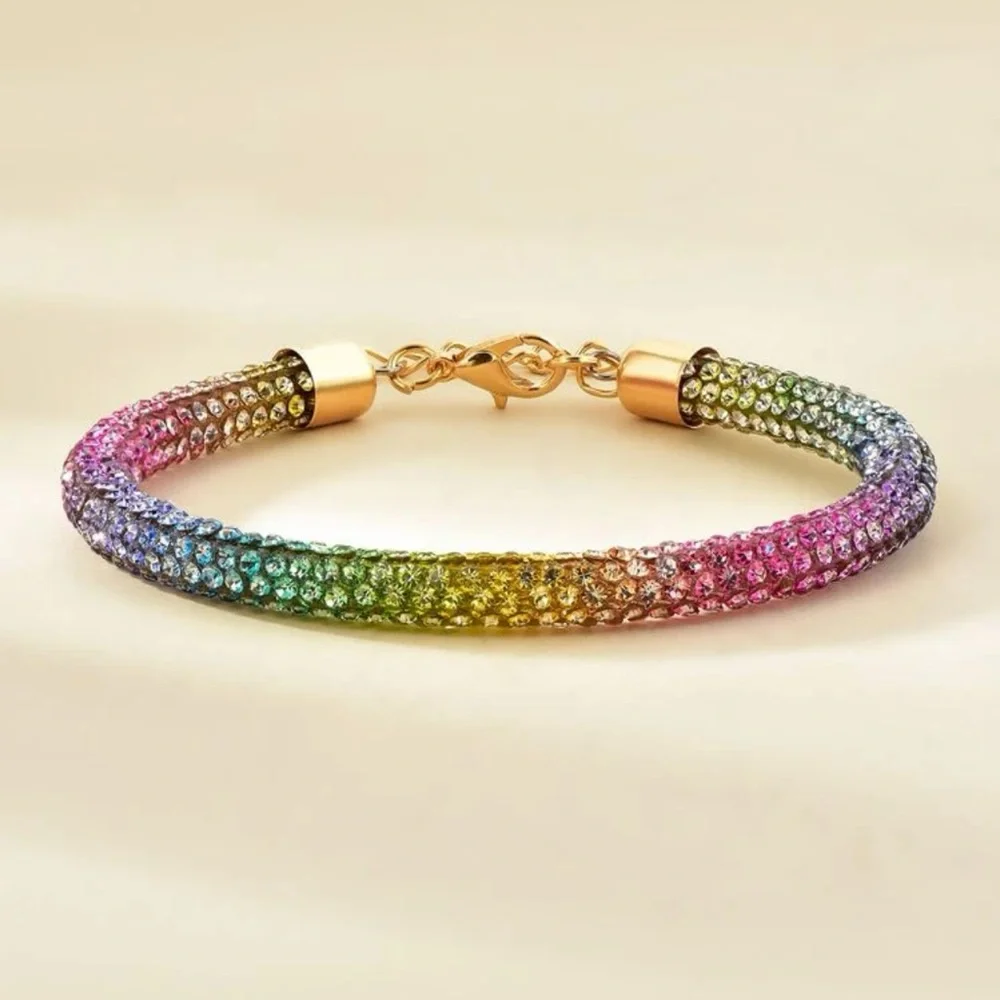 Rainbow Rhinestone Mesh Bracelet | Glitter “Crystaldust” Statement Jewelry
